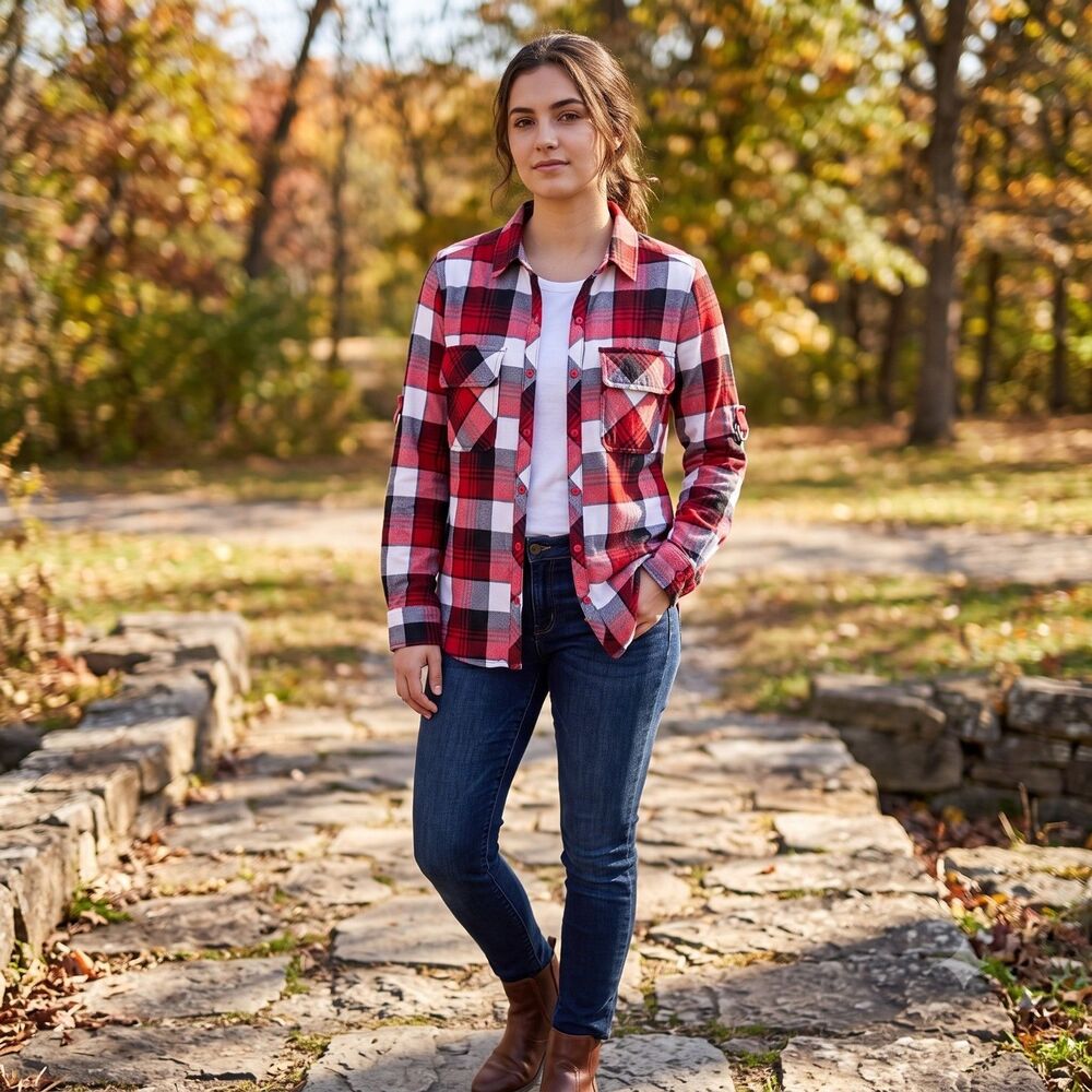 Women's Red Plaid Button Up Shirt Roll Tab Long Sleeve Western Cowgirl Size Sm